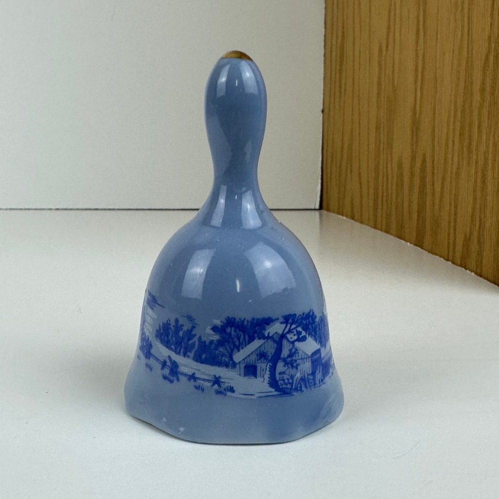 Vintage Blue White Ceramic Bell Winter Farmhouse Scene Country Cabin Decor 4.5"